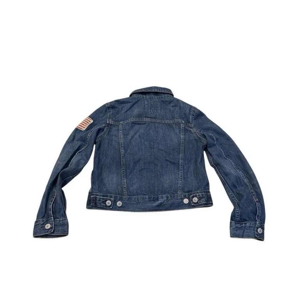 Ralph Lauren Jean Jacket M American Flag Girls Size 10-12 Medium Denim Dark Wash